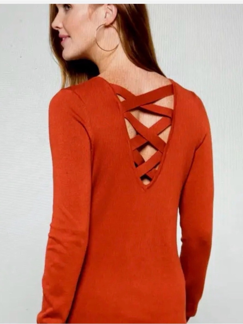 LOVE ELLIE Stitch Fix V Neck Light Sweater Crisscross Autumn Rust Womens Size M - Picture 2 of 6